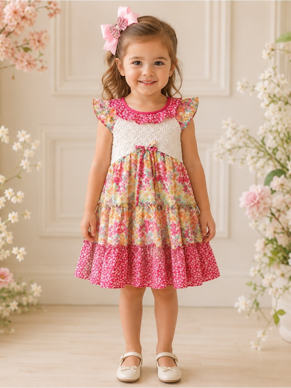 Jonah Michelle Girls’ 4T Floral Tiered Dress & Hair Bow NWT